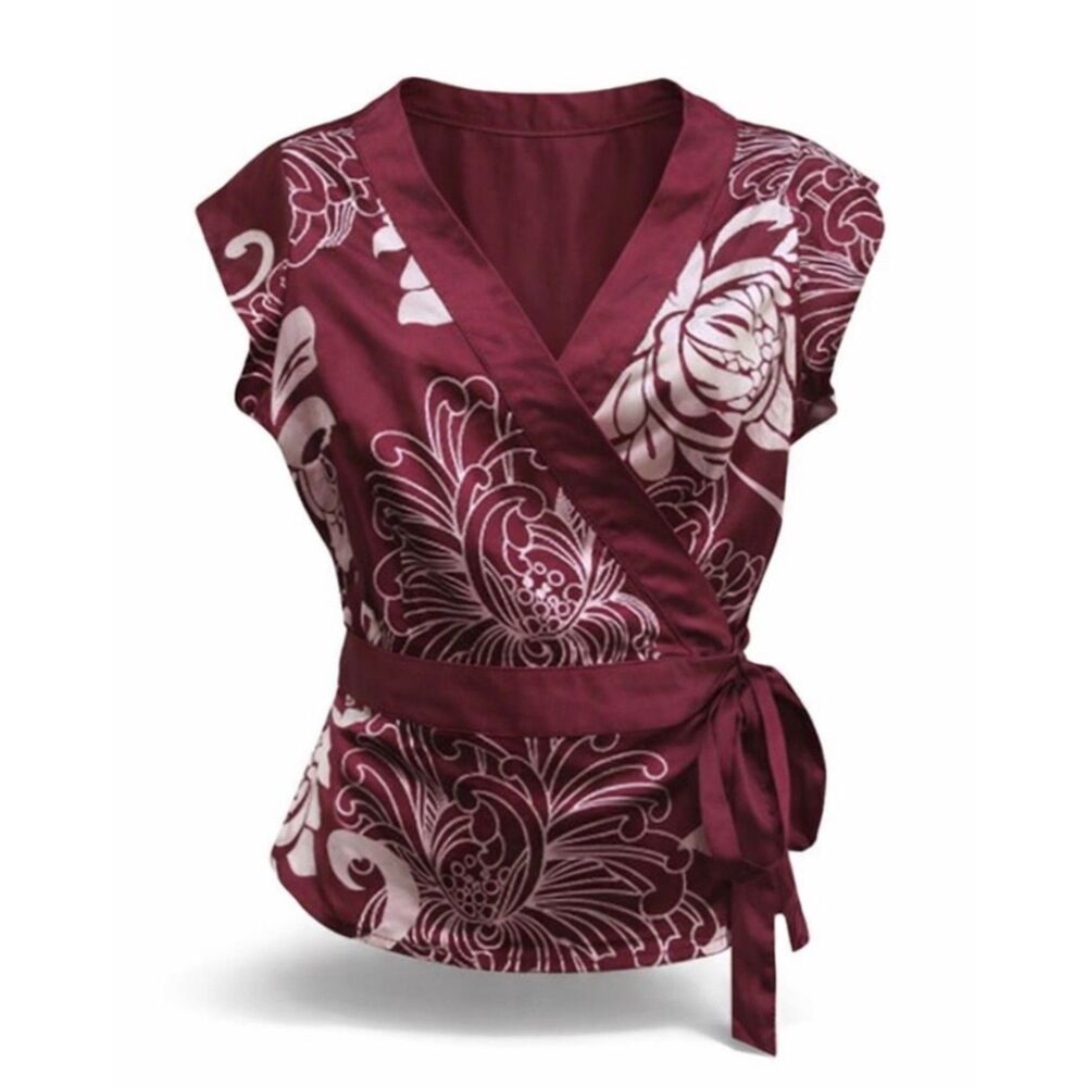 BCBG Kimono style wrap side tie maroon/cream flowered silk top Y2k | size XS